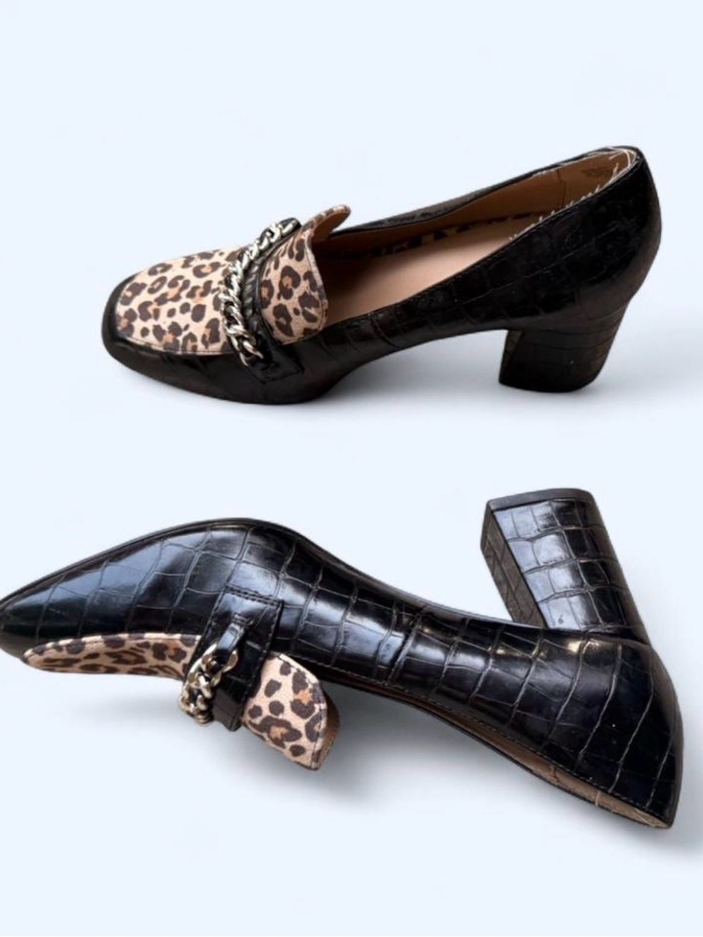 Black Croc-Embossed Leather Block Heel Loafers with Leopard Accent